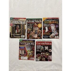 Lot Of 5 Cross Stitch Needlework Christmas Stockings Magazines Ornaments Santa